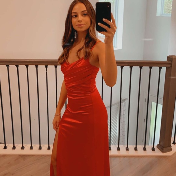 Satin Red Dress with Leg Slit - Picture 3 of 3
